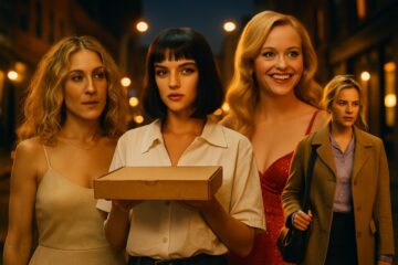 Collage di personaggi single della cultura pop in ambientazione serale