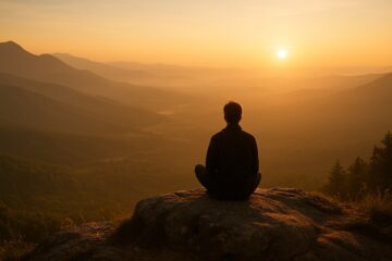 Persona seduta sola su una cima montuosa all’alba, con vista panoramica su una valle immersa nella luce dorata del sole nascente, in un’atmosfera di pace e meditazione.