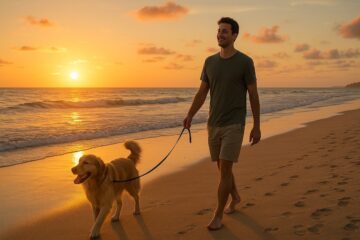 Single passeggia con il suo cane sulla spiaggia al tramonto, atmosfera rilassata e naturale.