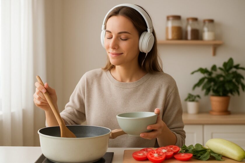 Persona single ascolta musica in casa mentre cucina, momento di pace