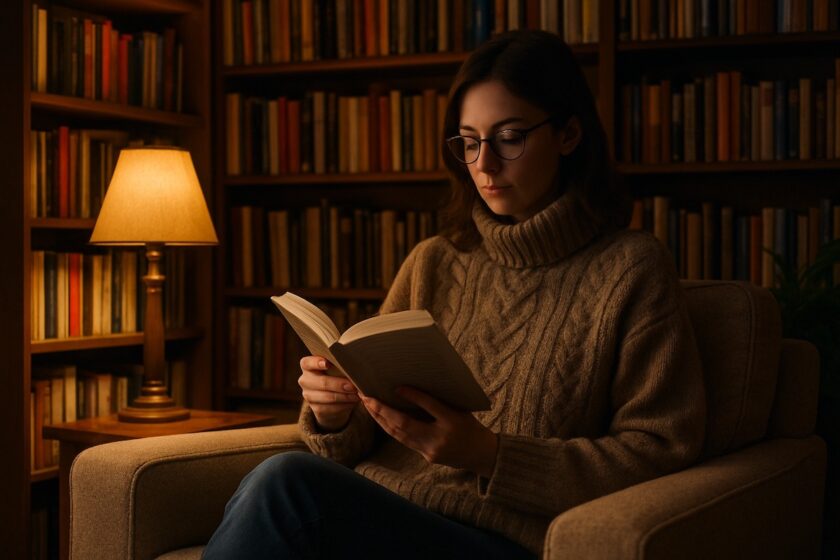Una persona legge da sola in una stanza con luce calda e libri