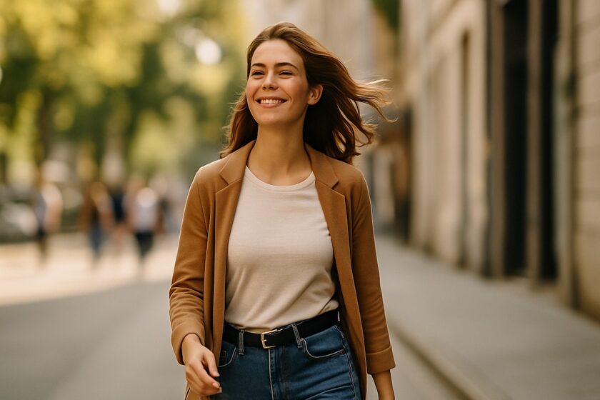 Donna indipendente e felice che cammina da sola in città