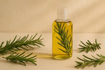 Flacone con olio al rosmarino fatto in casa e rametti freschi