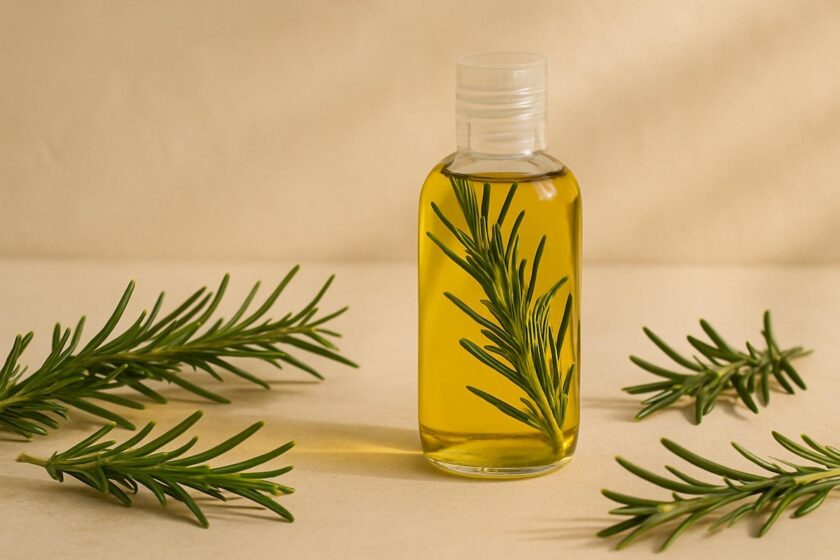 Flacone con olio al rosmarino fatto in casa e rametti freschi