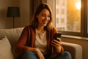 Donna serena e single che sorride leggendo un messaggio sul telefono.