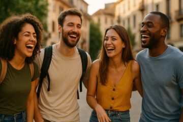 Gruppo di single che socializzano durante un viaggio nel ponte del 2 giugno
