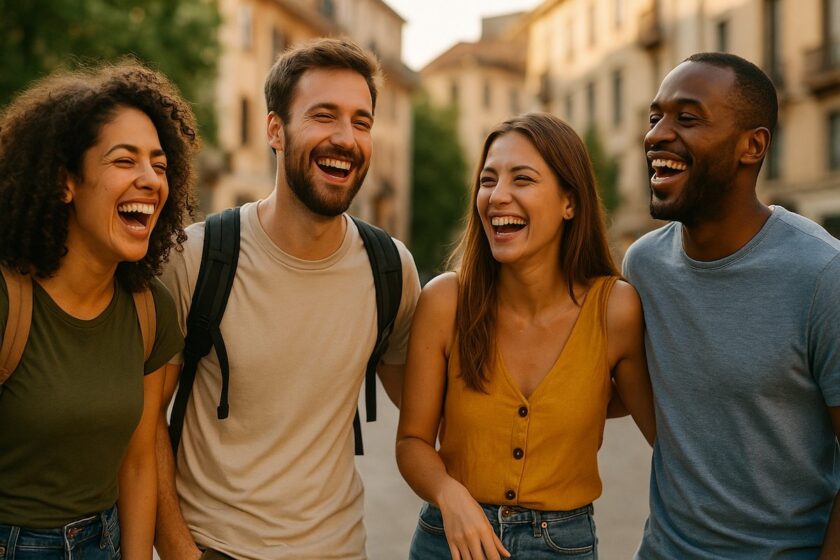 Gruppo di single che socializzano durante un viaggio nel ponte del 2 giugno