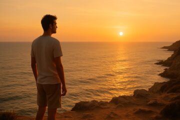 Persona sola in riva al mare al tramonto, in un momento di libertà e riflessione