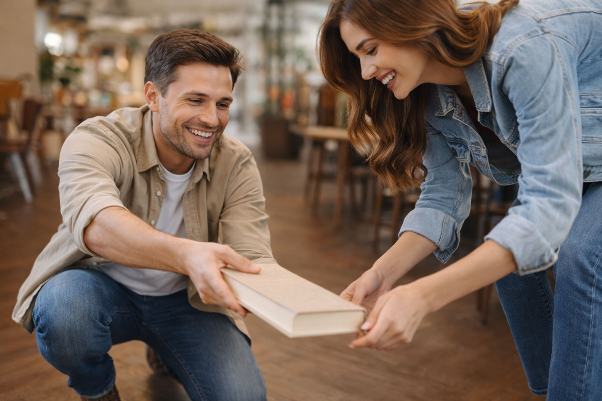 uomo raccoglie libro