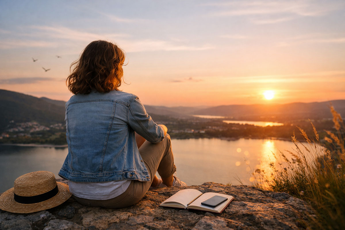 ragazza seduta al tramonto panorama