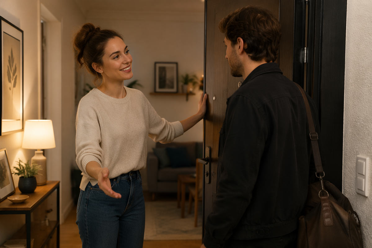 donna accompagna alla porta fidanzato