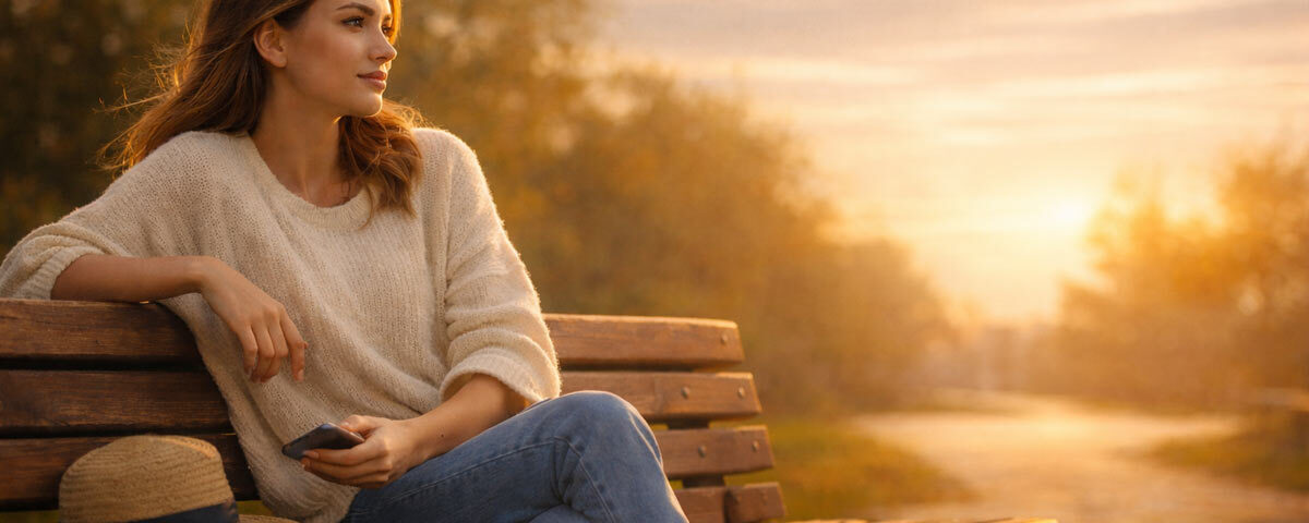 donna serena su panchina al tramonto