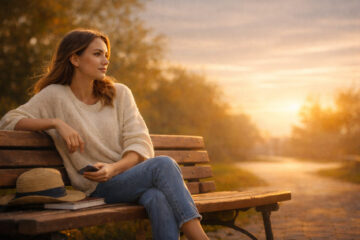 donna serena su panchina al tramonto